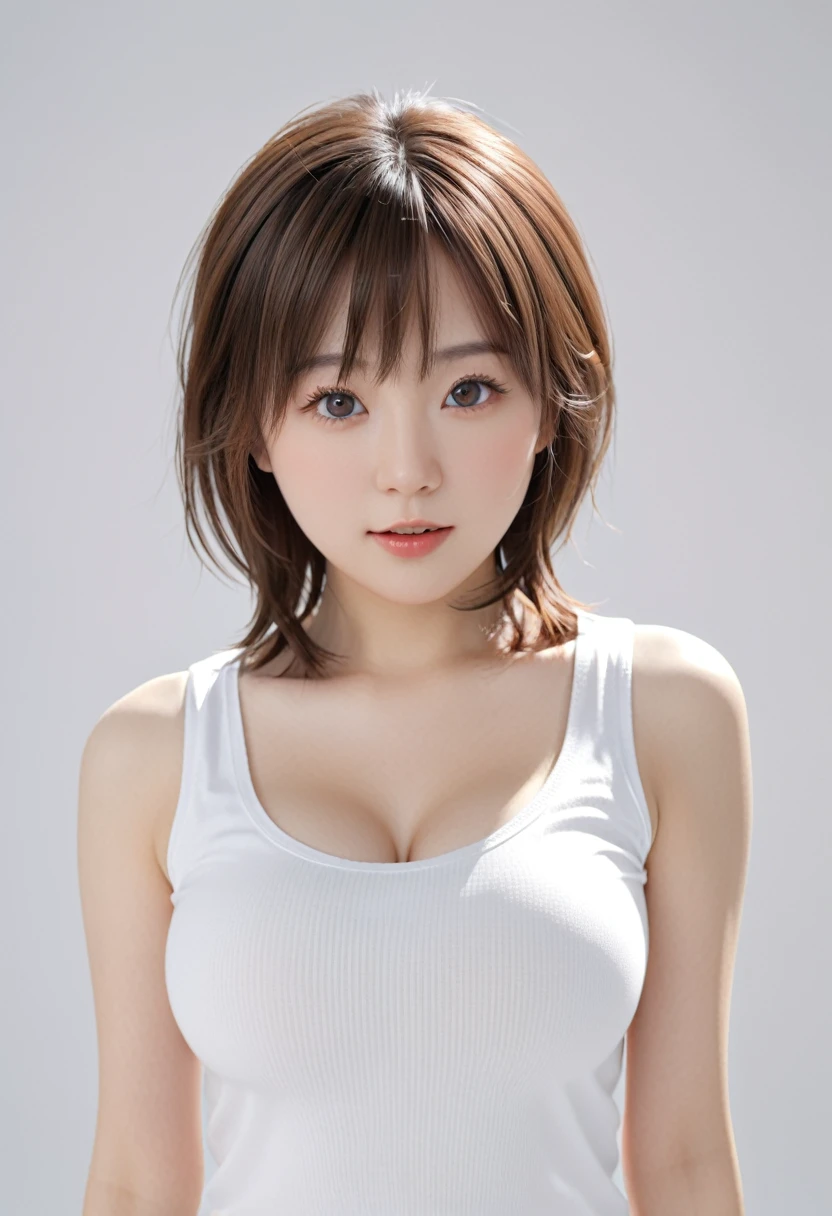 3d rendering abstract background, Aurora Airi Akizuki.no nude,Highest quality, Realistic, 8k, High resolution, 1 girl, woman, (Skin Dentition), (Portraiture: 0.6), nice, (White Background: 1.82)), ((Big round breasts, Sleeveless white T-shirt: 1.75)), Straight Viewer: 1.8, (1 girl Eyes, Medium length hair, Brown Hair, Parted bangs : 1.65), Realistic, (bokeh), (Mouth closed: 1.46), nice, Pure Eros Face_v1,
