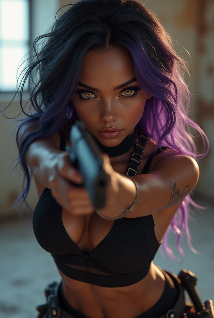 A cute girl with brown skin, sexy body, wavy purple hair [with shades of black], golden eyes (shiny), ultra realistic eyes, with a pistol, jumping, with sniper outfit, Valorant Riot game, round face, realistic lighting, Radiosity, Close UP.