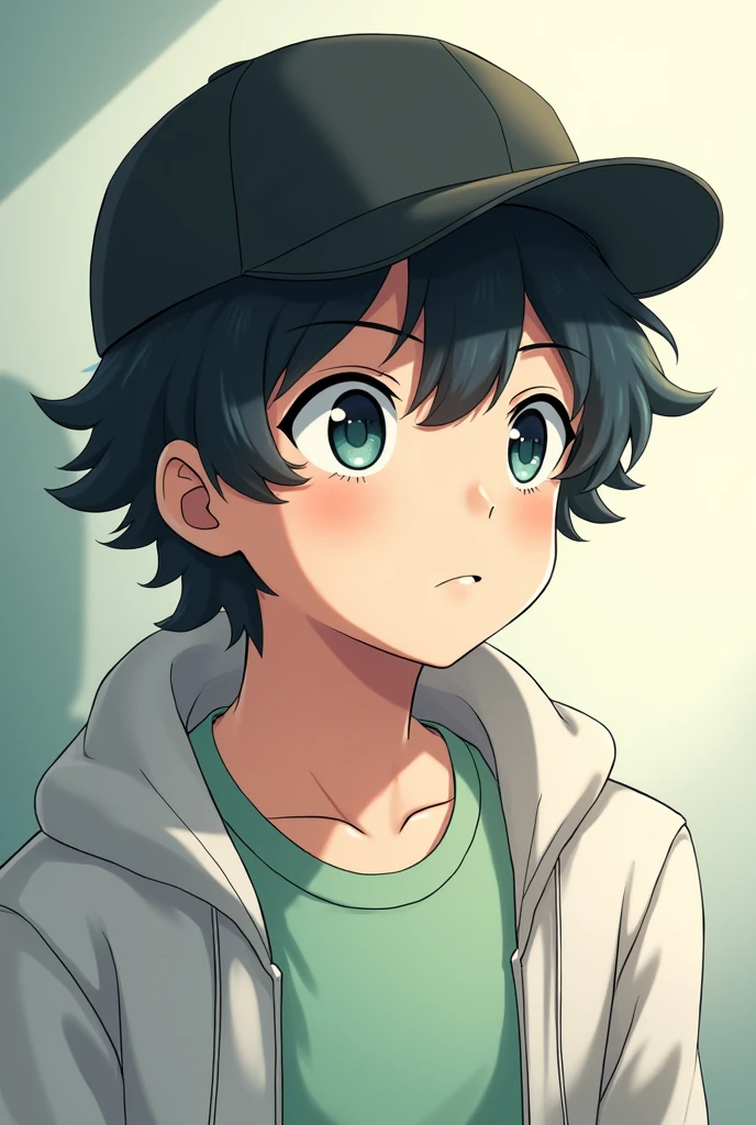 Anime Boy , wear cap black, wearing T shirt light green, jacket white, looking something
,hair is wavy and fluffy
