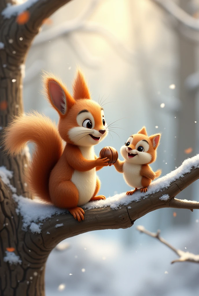the squirrel is happily sharing his collected nuts with the small bird. They are both perched on a branch, with the winter forest in the background. Chirpy looks grateful as Squeaky hands her a nut, and both animals are smiling."