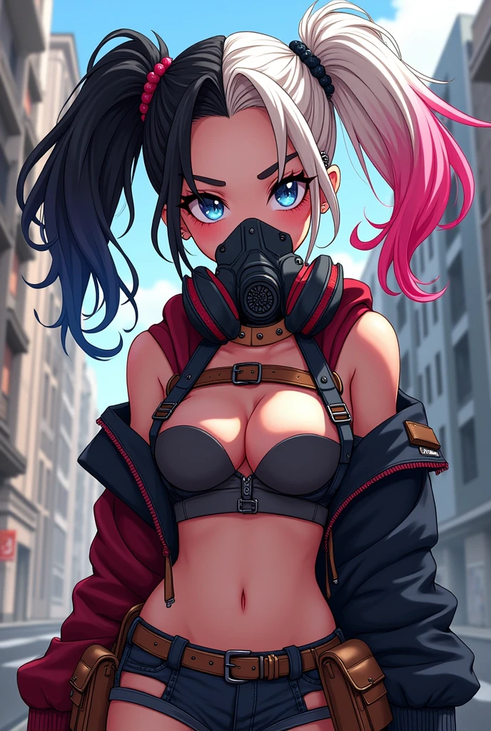 Create me an anime style character similar to Harley Quinn with pigtails with one side of her hair black and the other white with an outfit and a gas mask 