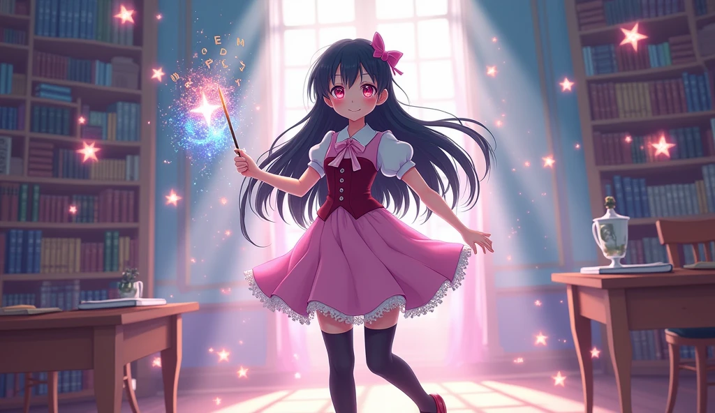 (best quality,4k,8k,highres,masterpiece:1.2),ultra-detailed, fantasy setting, Magic school, (1girl), high school boy magically transformed into a cute school girl, long black hair, fair skin, colorful lighting,fantasy world,pink eyes,gender bending,cute school girl fashion,dressed in a pink fantasy girl’s uniform with corset,a ribbon tie and knee-length skirt, petticoat,puffy sleeves, black stockings and mary jane shoes, feminine outfit,holding a magic wand,sparkling magic,female transformation spell,magical aura,mirror reflection,amazed expression,fantastical scenery,enchanted school environment,bookshelf filled with magical books,textbooks with floating letters,hairstyling tools,sparkles raining down,sparkling stars,soft and pastel colors,expressive facial features,girlish smiles, happy and confident poses,wonder and joy in her eyes,lively and dynamic composition,shimmering and glowing effects,enchanted ,eye-catching accessories,beautifully detailed lips,school bag with magical elements,subtle surreal elements,life-changing moment