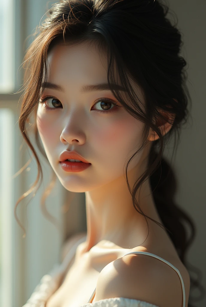 8K, Masterpiece, RAW photo, Best quality, Photorealistic, Extremely detailed CG unifies 8K, 8K, Diamond, and wallpaper, Depth of field, Cinematic light, Lens flare, Ray tracing, (Extremely beautiful face, Beautiful lips, Beautiful eyes), intricate detail face, ((ultra detailed skin)) 1girll, Pretty Korean girl, Kpop idol,1girll， ultra - detailed， hyper realisitc， highly detailed CGillustration， offcial art， cinematric light， Realistis， Young and beautiful girl， perfect body figure， perfect body figure， full pov， Perfect body， （Starting below：1.3）， lewd poses，（huge tit：1.0）extremely large bosom，A sagging breast， long sexy legs， （thigh gap：1.5）plumw，slightly fat big breasts，Wide buttock，self-assured， Beautiful Sexy， Open abdomen， Large, lithe， S-shaped body， Upturned buttocks，posing on a，Pose，Different Perspectives，looking at viewert，Redlip (Pale skin), (Big eyes),（ssmile：0.8），nakeness，sexy lingerie lace outfit with stocking 