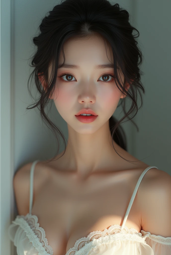 8K, Masterpiece, RAW photo, Best quality, Photorealistic, Extremely detailed CG unifies 8K, 8K, Diamond, and wallpaper, Depth of field, Cinematic light, Lens flare, Ray tracing, (Extremely beautiful face, Beautiful lips, Beautiful eyes), intricate detail face, ((ultra detailed skin)) 1girll, Pretty Korean girl, Kpop idol,1girll， ultra - detailed， hyper realisitc， highly detailed CGillustration， offcial art， cinematric light， Realistis， Young and beautiful girl， perfect body figure， perfect body figure， full pov， Perfect body， （Starting below：1.3）， lewd poses，（huge tit：1.0）extremely large bosom，A sagging breast， long sexy legs， （thigh gap：1.5）plumw，slightly fat big breasts，Wide buttock，self-assured， Beautiful Sexy， Open abdomen， Large, lithe， S-shaped body， Upturned buttocks，posing on a，Pose，Different Perspectives，looking at viewert，Redlip (Pale skin), (Big eyes),（ssmile：0.8），nakeness，sexy lingerie lace outfit with stocking 