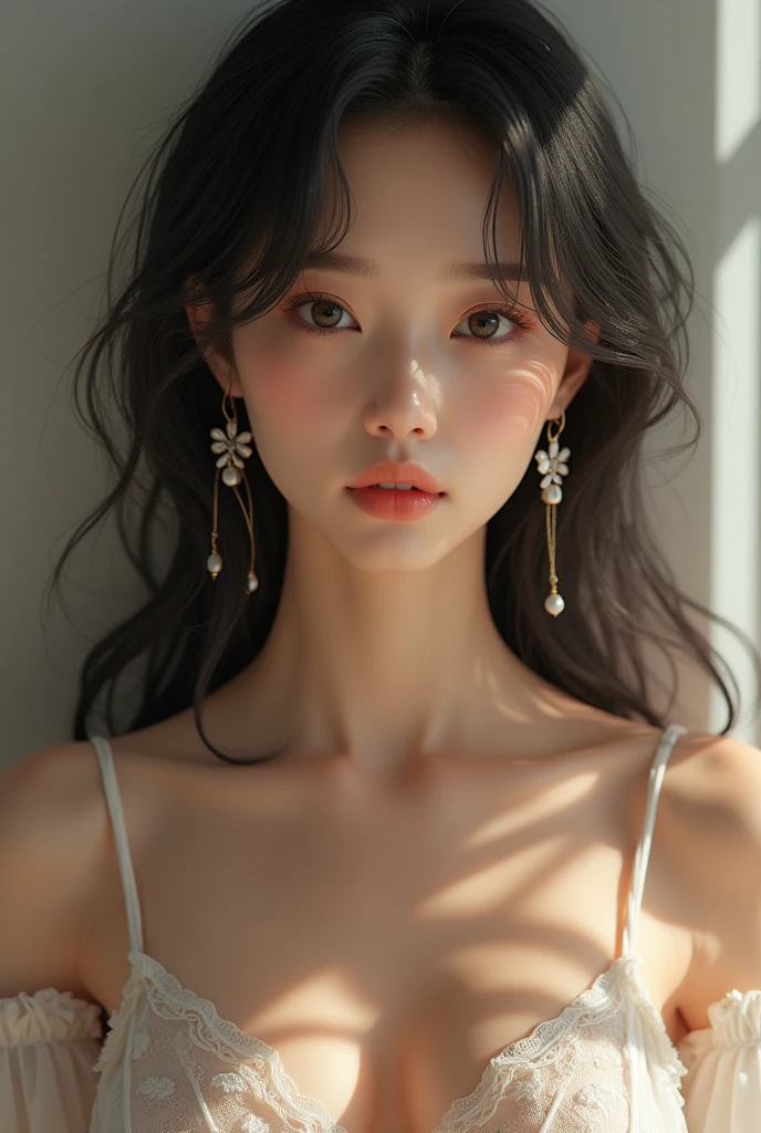 8K, Masterpiece, RAW photo, Best quality, Photorealistic, Extremely detailed CG unifies 8K, 8K, Diamond, and wallpaper, Depth of field, Cinematic light, Lens flare, Ray tracing, (Extremely beautiful face, Beautiful lips, Beautiful eyes), intricate detail face, ((ultra detailed skin)) 1girll, Pretty Korean girl, Kpop idol,1girll， ultra - detailed， hyper realisitc， highly detailed CGillustration， offcial art， cinematric light， Realistis， Young and beautiful girl， perfect body figure， perfect body figure， full pov， Perfect body， （Starting below：1.3）， lewd poses，（huge tit：1.0）extremely large bosom，A sagging breast， long sexy legs， （thigh gap：1.5）plumw，slightly fat big breasts，Wide buttock，self-assured， Beautiful Sexy， Open abdomen， Large, lithe， S-shaped body， Upturned buttocks，posing on a，Pose，Different Perspectives，looking at viewert，Redlip (Pale skin), (Big eyes),（ssmile：0.8），nakeness，sexy lingerie lace outfit with stocking 