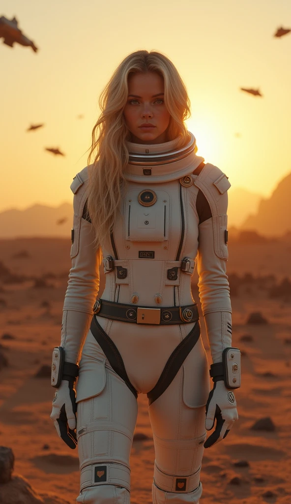 Masterpiece, a beautiful 2 German blonde girl, solitary female astronaut, desolated planet landscape, space and stars, electric atmosphere, utility belt, Metallic Gray Zinc, sci-fi, ultra high res.photorealistic, 16k, UHD, HDR, the best quality, body-tight astronaut suit, intricate, the most fantastic details, RAW, dramatic lighting, full body, space ships in the sky, realistic reflections, sunrise, to scale, lonely, determined, dynamic posture, a space military compound in the background