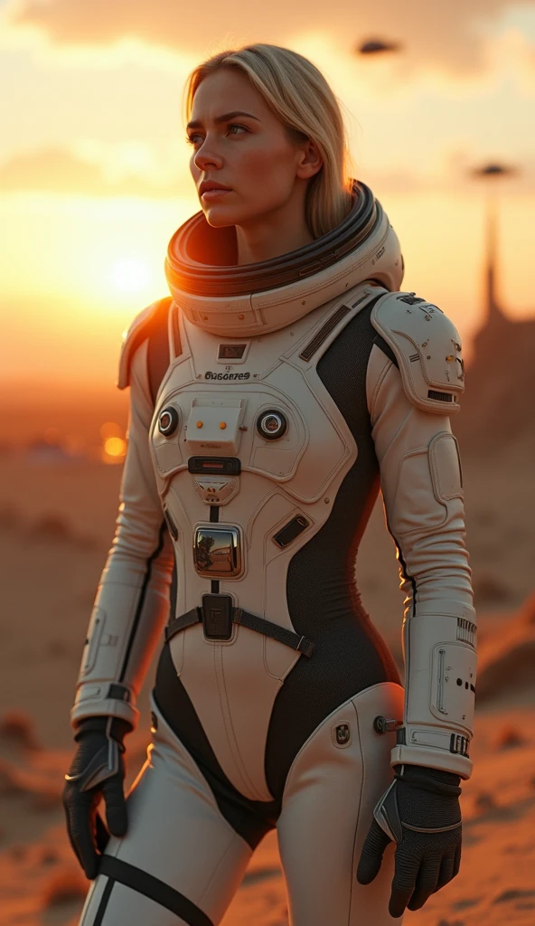 Masterpiece, a beautiful 2 German blonde girl, solitary female astronaut, desolated planet landscape, space and stars, electric atmosphere, utility belt, Metallic Gray Zinc, sci-fi, ultra high res.photorealistic, 16k, UHD, HDR, the best quality, body-tight astronaut suit, intricate, the most fantastic details, RAW, dramatic lighting, full body, space ships in the sky, realistic reflections, sunrise, to scale, lonely, determined, dynamic posture, a space military compound in the background