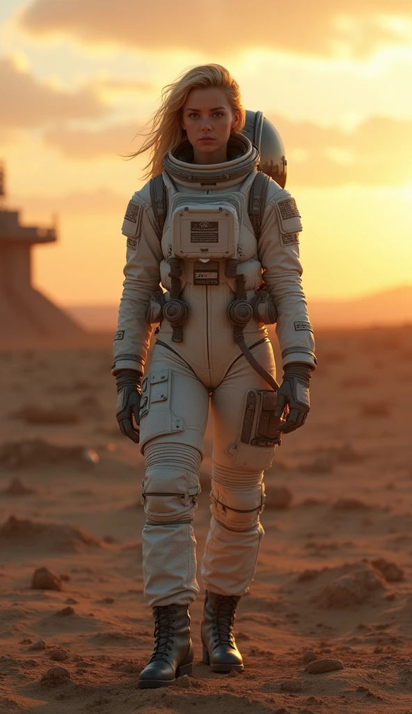 Masterpiece, a beautiful 2 German blonde girl, solitary female astronaut, desolated planet landscape, space and stars, electric atmosphere, utility belt, Metallic Gray Zinc, sci-fi, ultra high res.photorealistic, 16k, UHD, HDR, the best quality, body-tight astronaut suit, intricate, the most fantastic details, RAW, dramatic lighting, full body, space ships in the sky, realistic reflections, sunrise, to scale, lonely, determined, dynamic posture, a space military compound in the background