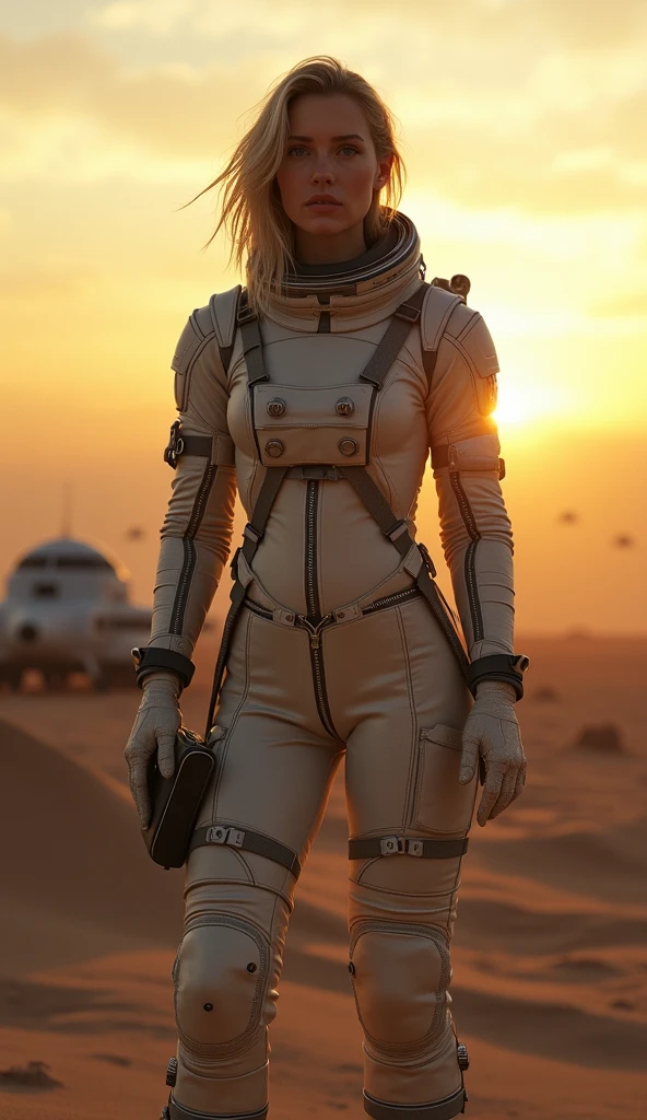Masterpiece, a beautiful 2 German blonde girl, solitary female astronaut, desolated planet landscape, space and stars, electric atmosphere, utility belt, Metallic Gray Zinc, sci-fi, ultra high res.photorealistic, 16k, UHD, HDR, the best quality, body-tight astronaut suit, intricate, the most fantastic details, RAW, dramatic lighting, full body, space ships in the sky, realistic reflections, sunrise, to scale, lonely, determined, dynamic posture, a space military compound in the background