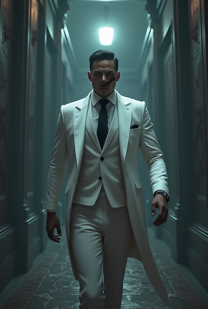thriller, stormy, a mysterious agent with a white suit and a scar on his face who can disappear from the minimap for a few seconds, a mansion with traps and enemies from Free Fire, 16k, dark,gun