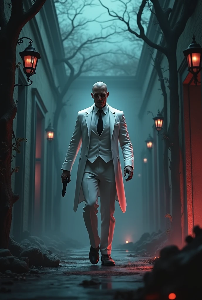 thriller, stormy, a mysterious agent with a white suit and a scar on his face who can disappear from the minimap for a few seconds, a mansion with traps and enemies from Free Fire, 16k, dark,gun