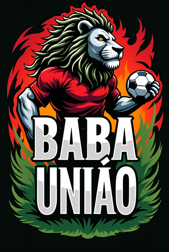 create a logo of a black and white lion with Jamaica style dreadlocks in red and green colors standing dressed in a football uniform on a green and red field holding a football and the name BABA UNIÃO written very large