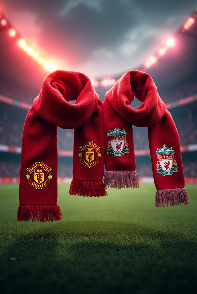 Generate me an image featuring a Manchester United scarf a Liverpool FC Scarf Background : Derby de première League .