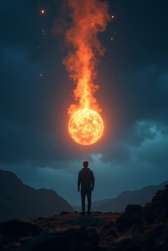 A man looking at a flying fire ball at night