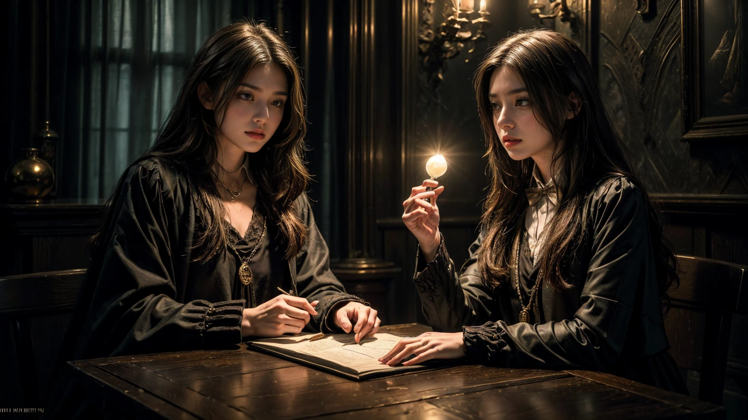 ((Masterpiece, Highest quality, Highest picture quality, high resolution, realistic, raw image, 8K)), 8K, Highly detailed, Exaggerated, movie light, Ambient lighting,The fortune telling crystal ball is on the table., man! In a small dark medieval room, long hair, golden hair,Rowena Ravenclaw school uniform