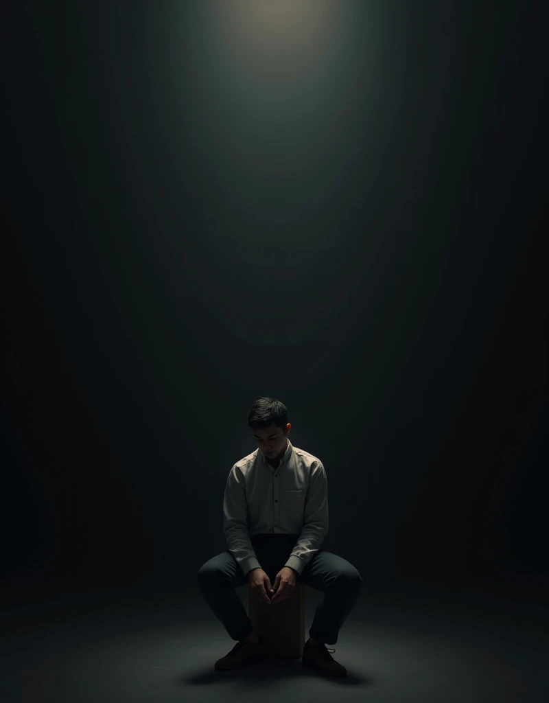 A young man sitting on a stool with a halo of black background