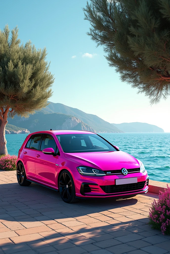 Neon pink Volkswagen golf between olive trees near the sea