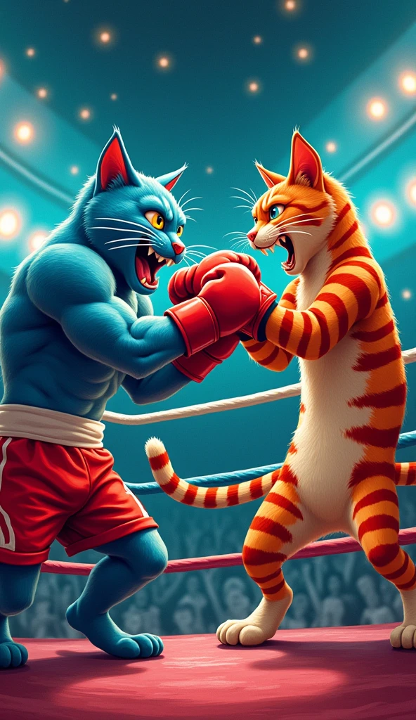 A highly stylized illustration featuring two anthropomorphic cats in a boxing ring. On the left, a muscular blue cat wearing red boxing shorts and gloves delivers a powerful punch to the striped red cat on the right, who looks surprised. The background features a cheering crowd and bright arena lights. Both cats are depicted with exaggerated features, emphasizing their athleticism and the intensity of the match.