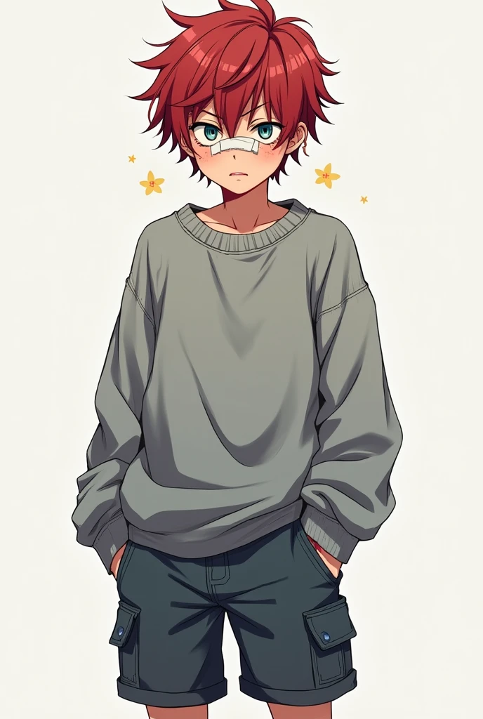 Japanese age boy wearing an oversized grey sweater. The sleevers hide his hands. He is wearing a cargo short and black converse. The boy have short red not orange messy hair. He have bruises under his eye and a bandage tape on his nose. He have pale blue eyes. He is handsome. His face is the most visible. Anime