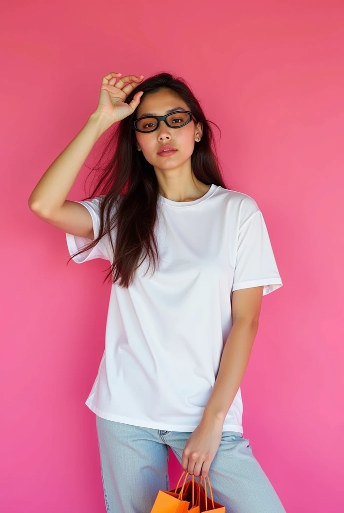 Same girl with the pink background and the t -shirt colour is pure white and medium size t shirt and the girl wear a black colour googles and a shopping bag in her hand . Make sure she stand in different angles and poses