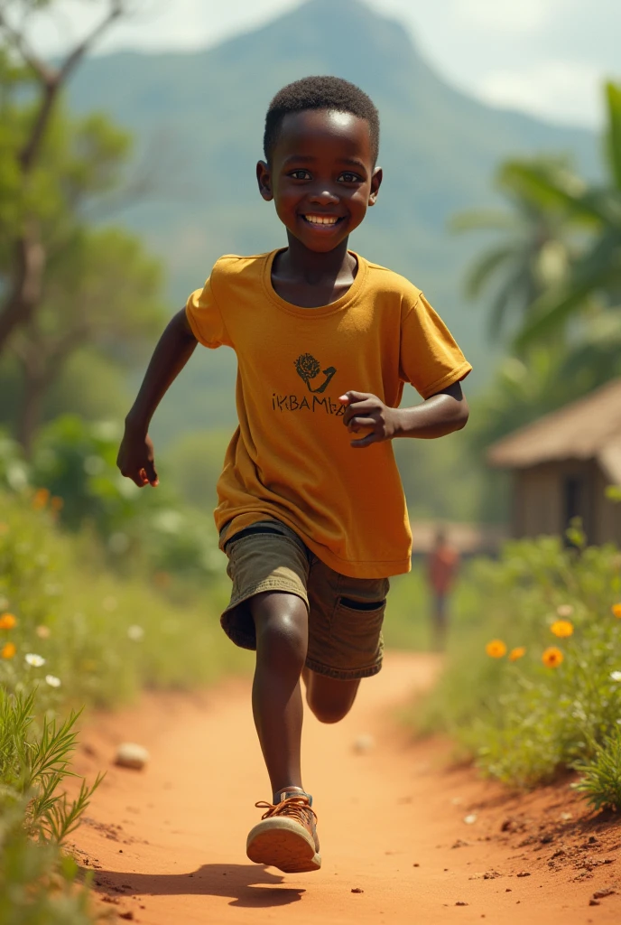 Young African boy wearing T-shirt named KIBAMBA JOGGING