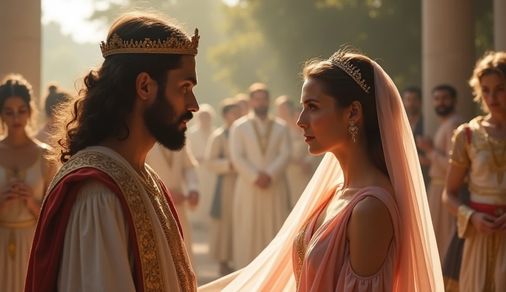 a greek woman wearing beautiful light pink greek dress and a crown, head to toe visible standing a bit far in front of a greek Shepherd young masculine, background is greek wedding, man and woman similar height, renaissance, cinematic, no romance