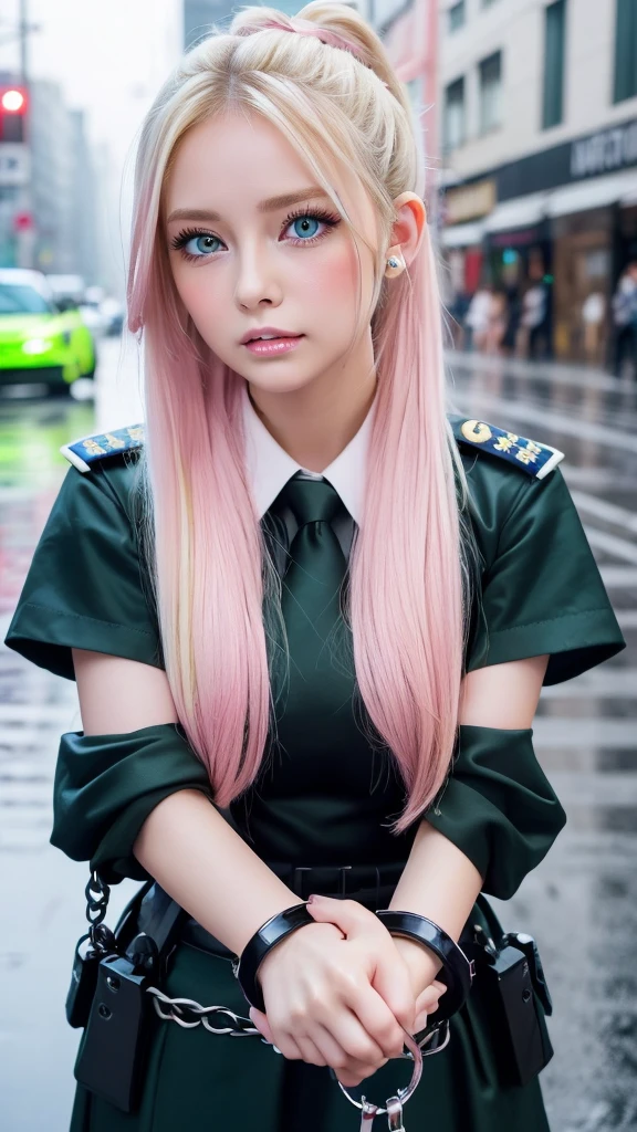 ((Highest quality)), ((masterpiece)), (detailed), high ponytail long hair, ((Blonde hair)), Beautiful girl, Very Cute Eyes, Green eyes, False eyelashes, (((Watery eye))), (handcuffs on wrists:1.3), (Blushed:1.3), Glossy thick lips, piercings, (police officer), damaged clothes, outside, raining, crowded city, fog, twilight, neon sign,