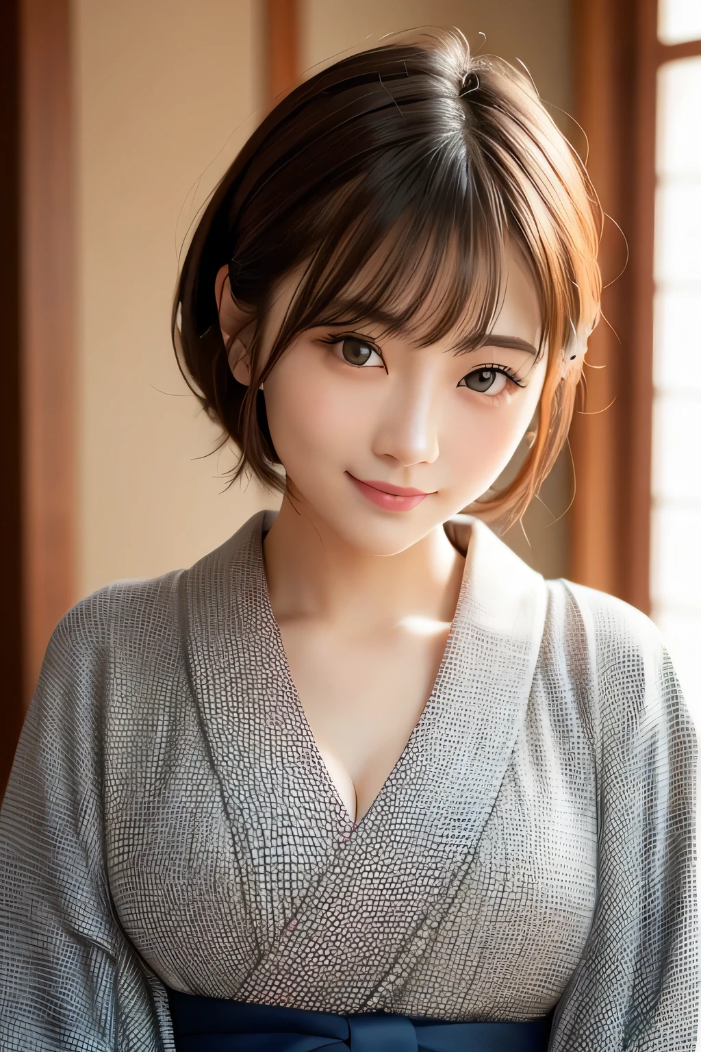 (highest quality:1.5)、(Real:1.5)、(1 person:1.5)、Medium Shot、(Very detailed)、(High resolution)、8k、Small breasts、Natural color lip、Cute smile、Japanese women、20 year old girl、Thin eyebrows、Beautiful and elegant face、Cute face、Cute eyes、Big eyes、Big Eyes、Fair skin、Beautiful and elegant face、Natural Bangs、Beautiful and thin nose、 Beautiful Skin、Medium Bob Hair、Natural Bangs、Perfect and beautiful facial features、Slim face and figure、(Looking at the camera with a cute expression)、(Bright lighting)、Professional Lighting、(Lighting from the front)、Adorable smile、cute、Beautiful cleavage、Simple Background、Japanese-style room、Beautiful clavicle、Graceful pose、Kimono with long-sleeved kimono、Cutekimono with long-sleeved kimono、(cutekimono)、(cutekimono)、Beautiful clavicle、Upper Body、Beautiful cleavage、Beautiful Japanese pattern kimono、Cute Japanese pattern obi、kimono、(Large Breasts:1.3), (Slim Body:1.3),