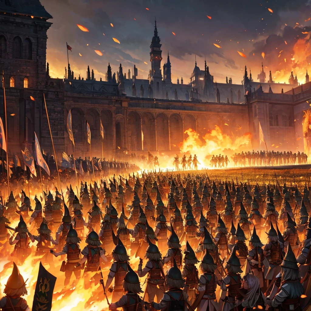 A heavily armed army of elves marches in tight formation with raised banners across the burning fields.., Each soldier is depicted in detail.