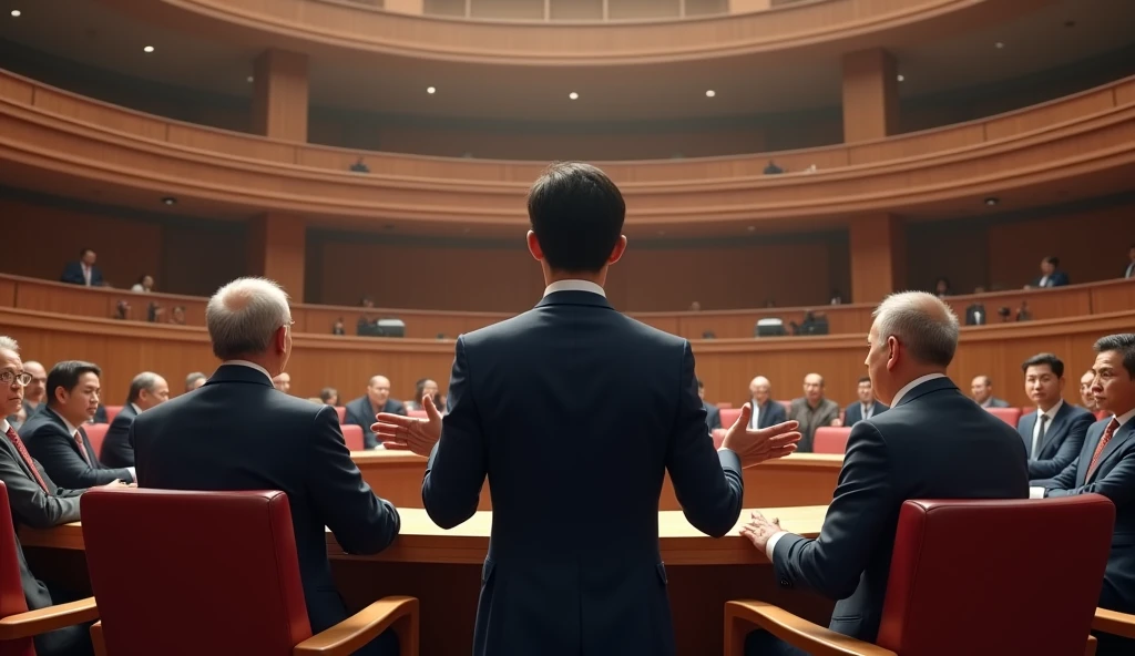 A young Asian man in a suit is speaking to politicians from various countries sitting in a huge circular lecture hall.,Politicians from all over the world are looking at men,No flags appear,