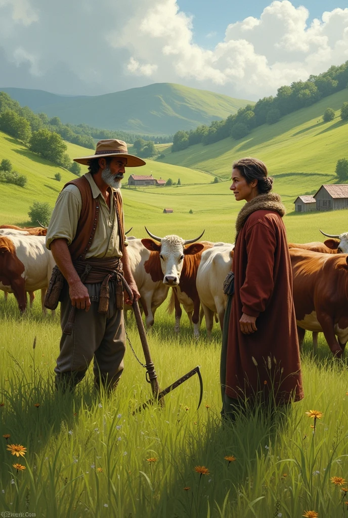 a farmer have some cow and cut grass and a man come to him