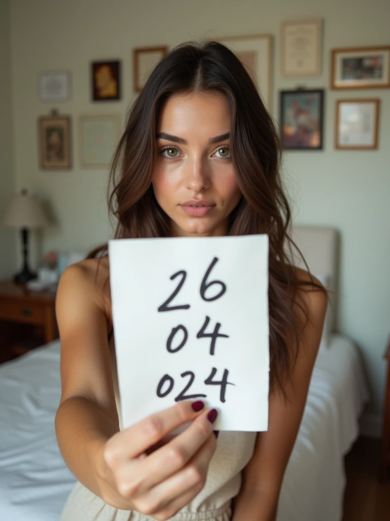 a very beautiful woman taking a selfie in her bedroom. He is holding a white piece of paper with the date "26/04/024" written on it in bold black ink and it look like real human handwritten. The woman is in a room with light-colored walls, and the background includes some framed items on the wall, possibly certificates or pictures, along with a desk that has various objects, including a lamp and some papers. The lighting in the room is natural, and the woman is looking directly at the camera with a neutral expression.
