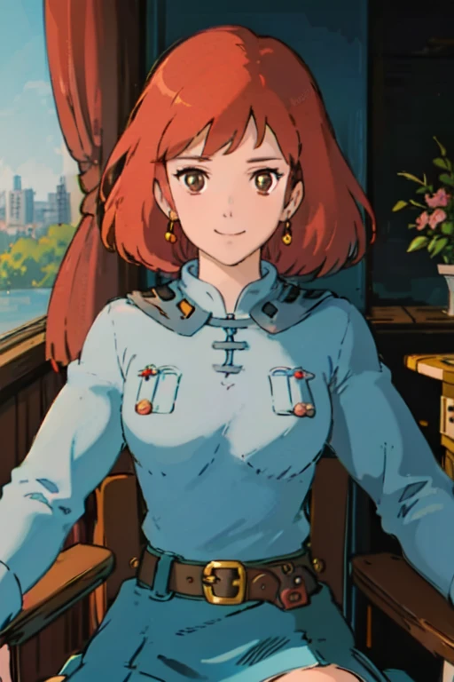 masterpiece, high quality, 1girl,, (masterpiece:1.4), (best qualit:1.4), (high resolution:1.4), 1girl, redhead, brown eyes, smile, Nausicaa, sit on a chair, colorful, upper body, ghibli style, sfw,  facing the viewer, looking at the viewer, blue uniform, blue skirt, belt