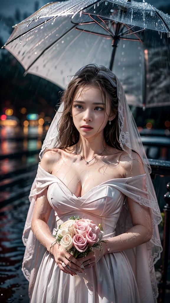 (RAW shooting, Photoreal:1.5, 8K, highest quality, masterpiece, ultra high resolution), (((Typhoon heavy rain))), perfect dynamic composition:1.2, (In front of a church at night in a modern city, expression of sadness:1.1, Tears are flowing:1.1, cry with a broken heart:1.1), Highly detailed skin and facial textures:1.2, Slim office lady wet in the rain:1.3, cowboy shot, Fair skin:1.2, sexy beauty:1.1, perfect style:1.2, beautiful and aesthetic:1.1, very beautiful face:1.2, water droplets on the skin, (rain drips all over my body:1.2, wet body:1.2, wet hair:1.3), (Holding a wet bouquet:1.2, wet pink wedding dress:1.3), (Medium chest, Bra is transparent, Chest gap),  (Eyes that feel beautiful eros:0.8), (Too erotic:0.9, Bewitching:0.9), necklace, earrings, bracelet