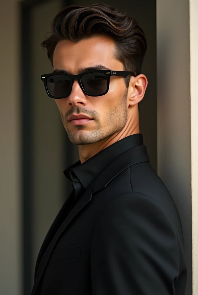 Create a high-fashion scene featuring a male model showcasing luxury sunglasses. The model should exude elegance and confidence, with a focus on the sunglasses as the centerpiece. The background should be neutral yet sophisticated, allowing the sunglasses and the model to stand out.