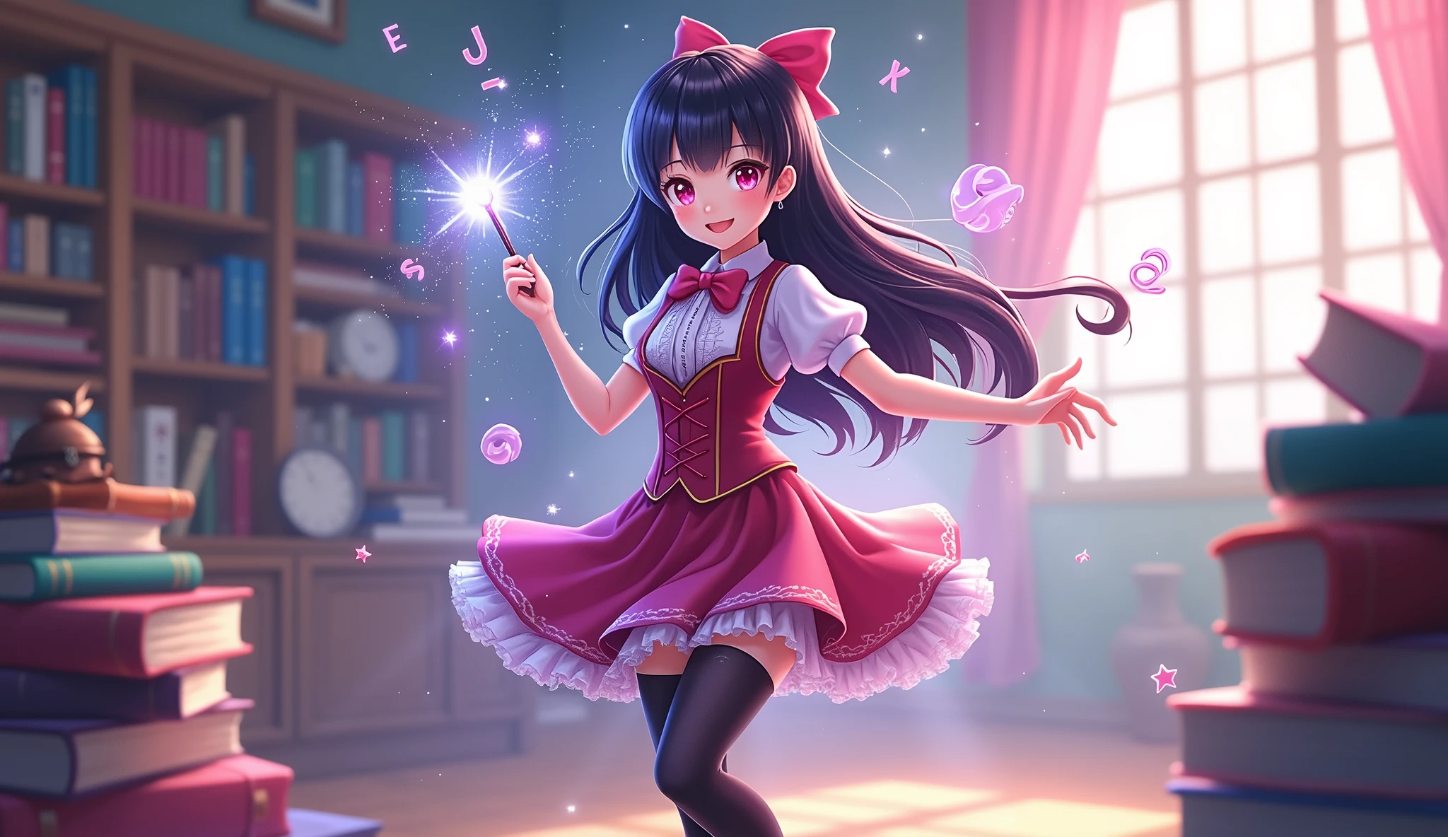 (best quality,4k,8k,highres,masterpiece:1.2),ultra-detailed, fantasy setting, Magic school, (1girl), high school boy magically transformed into a cute school girl, long black hair, fair skin, colorful lighting,fantasy world,pink eyes,gender bending,cute school girl fashion,dressed in a pink fantasy girl’s uniform with corset,a ribbon tie and knee-length skirt, petticoat,puffy sleeves, black stockings and mary jane shoes, feminine outfit,holding a magic wand,sparkling magic,female transformation spell,magical aura,mirror reflection,amazed expression,fantastical scenery,enchanted school environment,bookshelf filled with magical books,textbooks with floating letters,hairstyling tools,sparkles raining down,sparkling stars,soft and pastel colors,expressive facial features,girlish smiles, happy and confident poses,wonder and joy in her eyes,lively and dynamic composition,shimmering and glowing effects,enchanted ,eye-catching accessories,beautifully detailed lips,school bag with magical elements,subtle surreal elements,life-changing moment