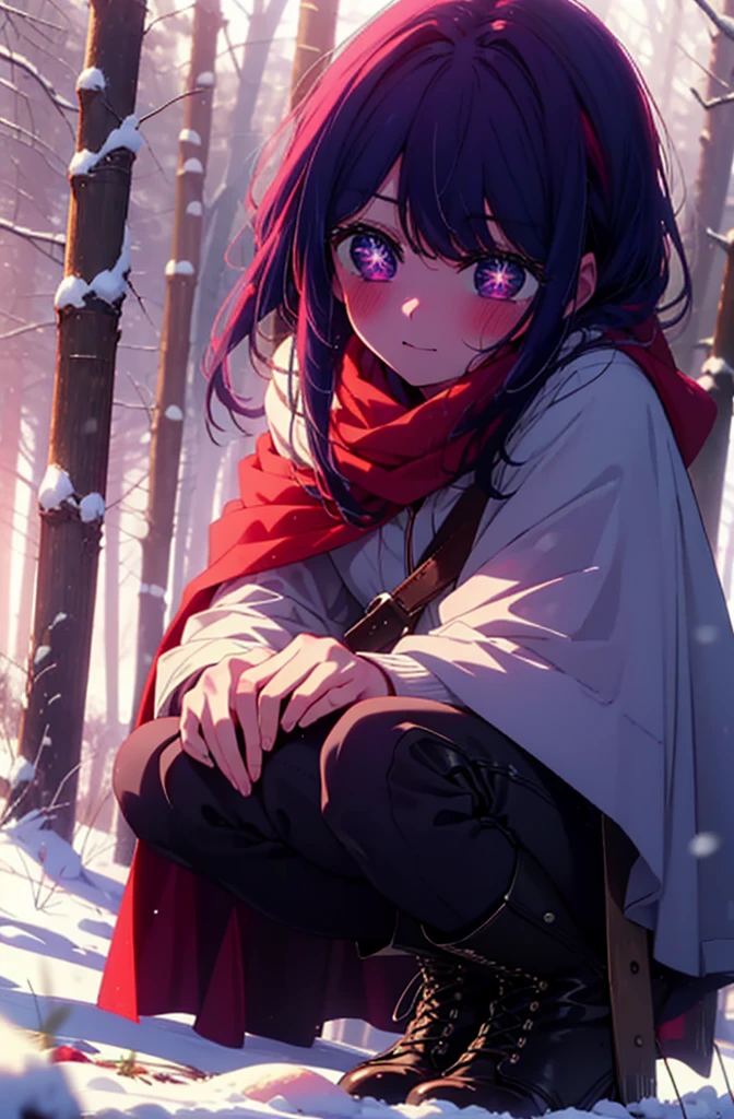 aihoshino, Ai Hoshino, Long Hair, bangs, (Purple eyes:1.1), Purple Hair, (Symbol-shaped pupil:1.5), smile,,smile,blush,white breath,
Open your mouth,snow,Ground bonfire, Outdoor, boots, snowing, From the side, wood, suitcase, Cape, Blurred, , forest, White handbag, nature, Squat, Mouth closed, Cape, winter, Written boundary depth, Black shoes, red Cape break looking at viewer, Upper Body, whole body, break Outdoor, forest, nature, break (masterpiece:1.2), Highest quality, High resolution, unity 8k wallpaper, (shape:0.8), (Beautiful and beautiful eyes:1.6), Highly detailed face, Perfect lighting, Extremely detailed CG, (Perfect hands, Perfect Anatomy),
