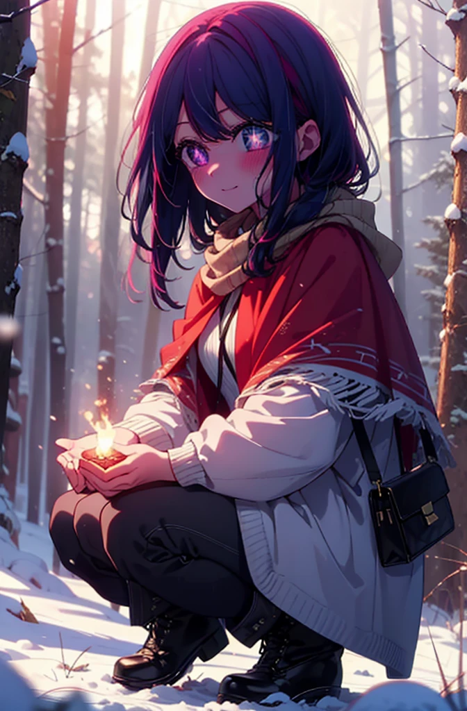 aihoshino, Ai Hoshino, Long Hair, bangs, (Purple eyes:1.1), Purple Hair, (Symbol-shaped pupil:1.5), smile,,smile,blush,white breath,
Open your mouth,snow,Ground bonfire, Outdoor, boots, snowing, From the side, wood, suitcase, Cape, Blurred, , forest, White handbag, nature,  Squat, Mouth closed, Cape, winter, Written boundary depth, Black shoes, red Cape break looking at viewer, Upper Body, whole body, break Outdoor, forest, nature, break (masterpiece:1.2), Highest quality, High resolution, unity 8k wallpaper, (shape:0.8), (Beautiful and beautiful eyes:1.6), Highly detailed face, Perfect lighting, Extremely detailed CG, (Perfect hands, Perfect Anatomy),