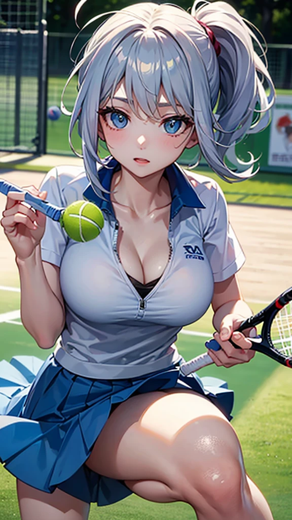 (masterpiece、Highest quality、))、beautiful detailed eyes 、ultra-detailed、 , Gray Hair、Ahoge、Long Hair, Blue eyes、ponytail 、big breasts、blurry background、bashful、pinup, play tennis, (swing tennis racket:1.1), wear tennis uniform, in Tennis court, (moving:1.2), tennis ball, hit the ball with a racket, some players、Panty shot、windy,floating hair、floating skirt、open clothes、cleavage、spread legs、