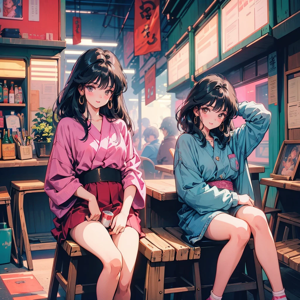 A young Japanese beauty sips beer from a beer jockey in an 80's anime-inspired setting. She sits on a wooden stool, surrounded by neon-lit cityscapes at dusk. The beer jockey is held elegantly between her fingers, with a subtle smile playing on her lips. Her long black hair flows like silk in the soft glow of the city lights, while her bright pink dress adds a pop of color to the scene.