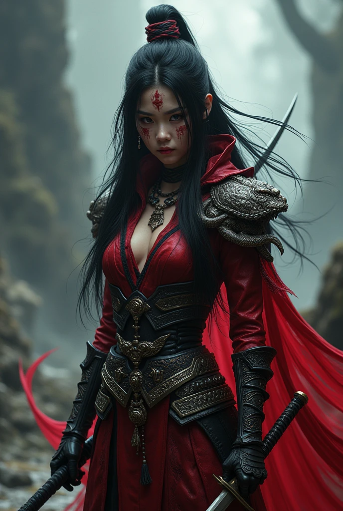 Elden ring, dark fantasy, asian warrior, single katana, armor, woman, black hair, serpent theme outfit, blasphemy, cursed face, dark red colors outfit