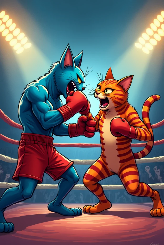 A highly stylized illustration featuring two anthropomorphic cats in a boxing ring. On the left, a muscular blue cat wearing red boxing shorts and gloves delivers a powerful punch to the striped red cat on the right, who looks surprised. The background features a cheering crowd and bright arena lights. Both cats are depicted with exaggerated features, emphasizing their athleticism and the intensity of the match.