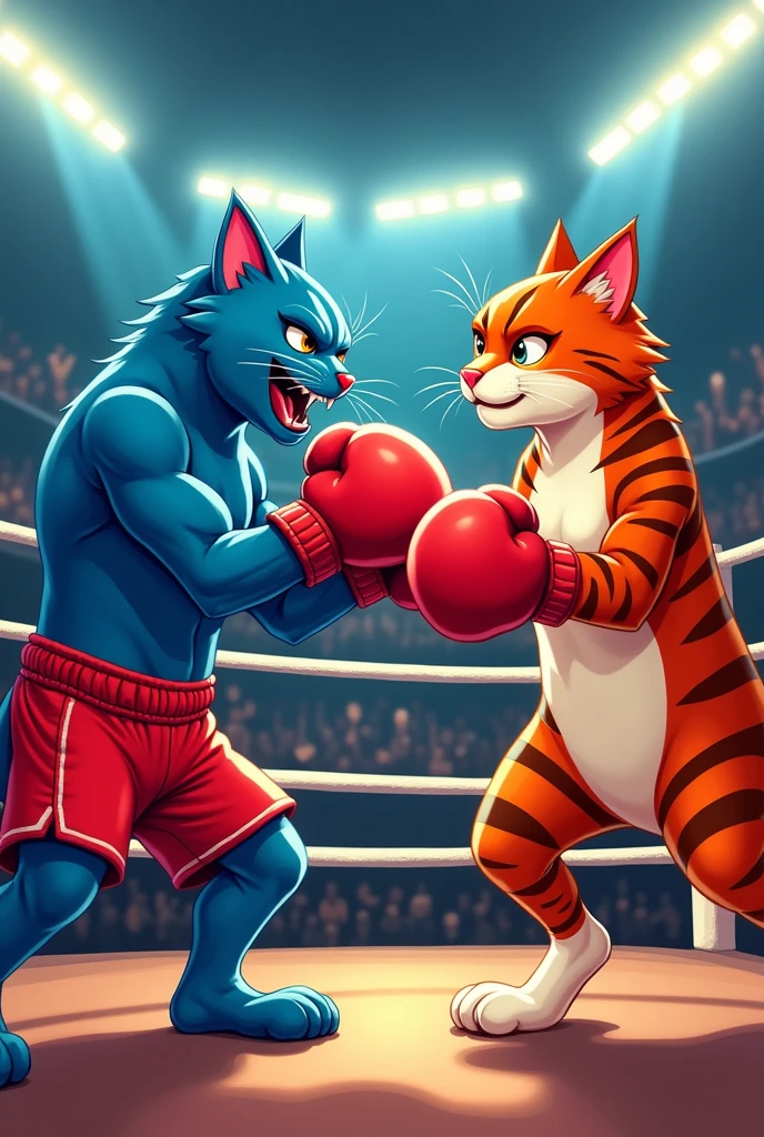 A highly stylized illustration featuring two anthropomorphic cats in a boxing ring. On the left, a muscular blue cat wearing red boxing shorts and gloves delivers a powerful punch to the striped red cat on the right, who looks surprised. The background features a cheering crowd and bright arena lights. Both cats are depicted with exaggerated features, emphasizing their athleticism and the intensity of the match.