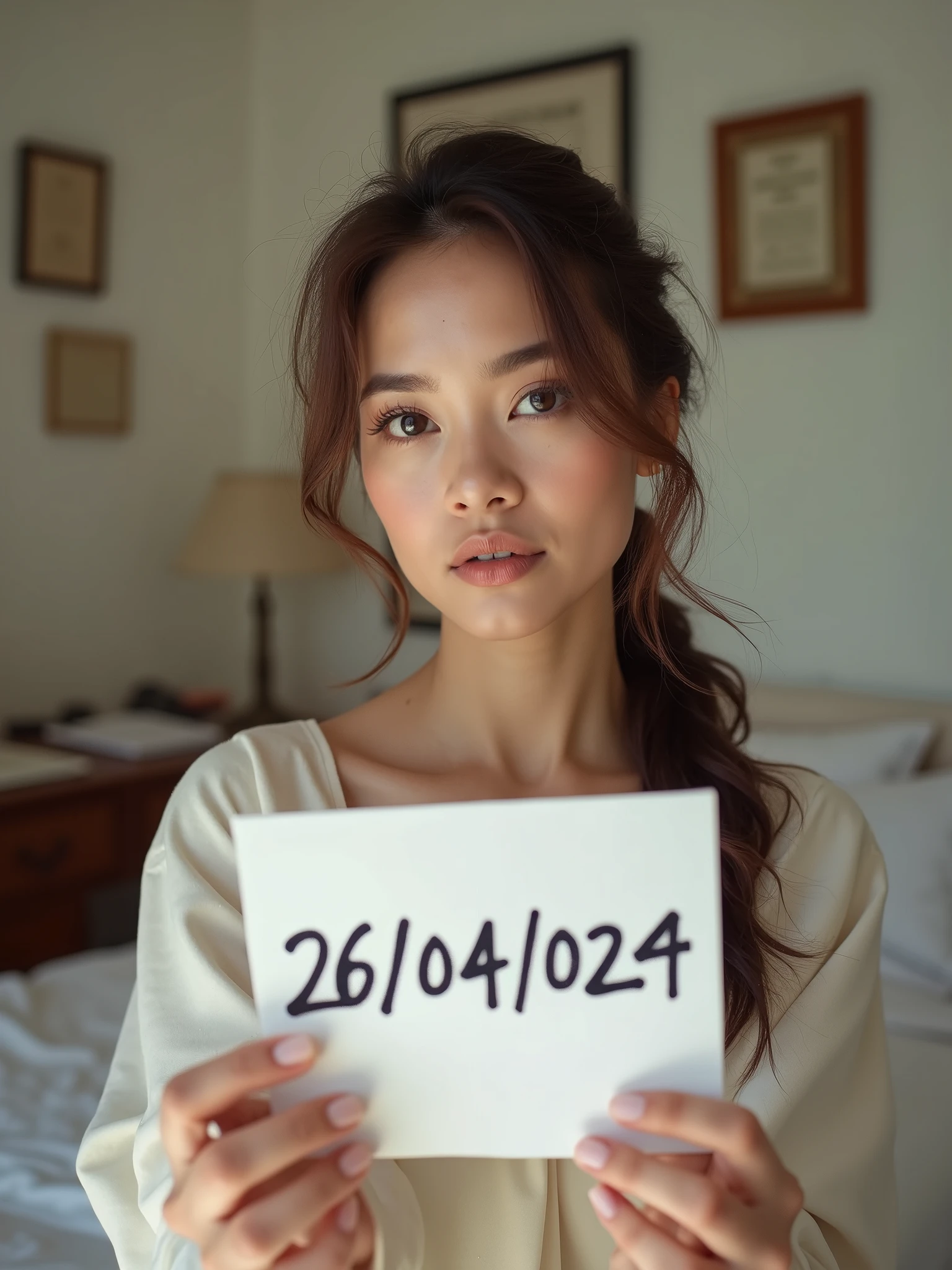 a very beautiful woman taking a selfie in her bedroom. He is holding a white piece of paper with the date "26/04/024" written on it in bold black ink and it look like real human handwritten. The woman is in a room with light-colored walls, and the background includes some framed items on the wall, possibly certificates or pictures, along with a desk that has various objects, including a lamp and some papers. The lighting in the room is natural, and the woman is looking directly at the camera with a neutral expression.