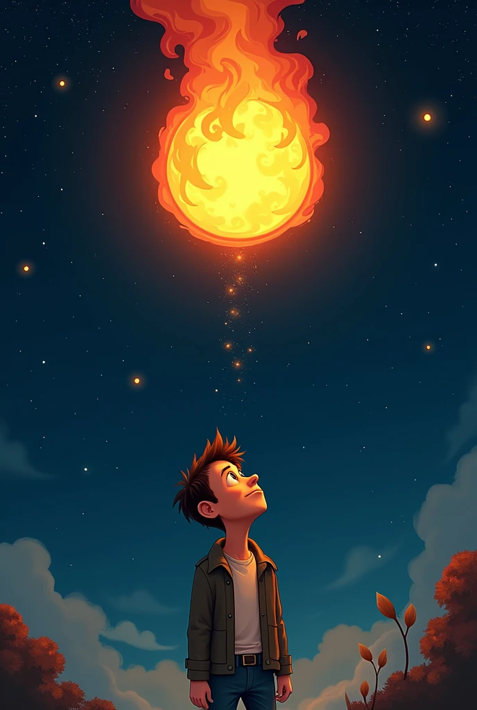 A man looking at a flying fire ball at night more like cartoon