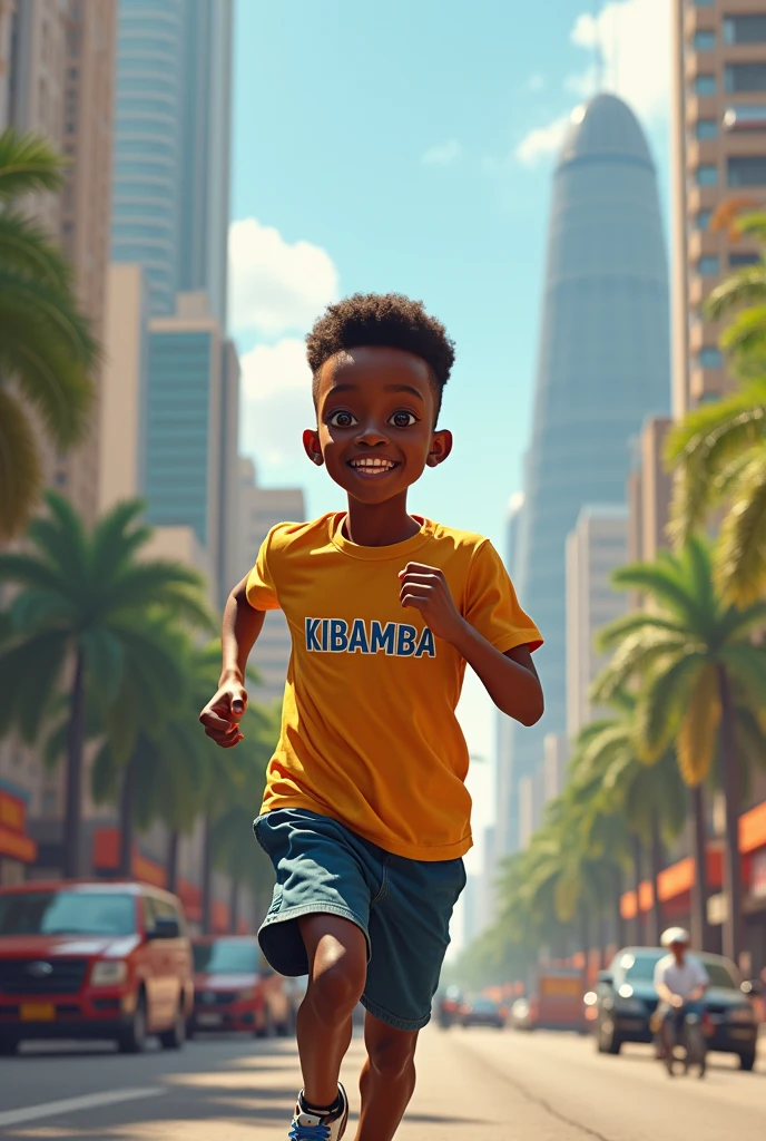 Young African boy wearing T-shirt named KIBAMBA JOGGING in capital letters