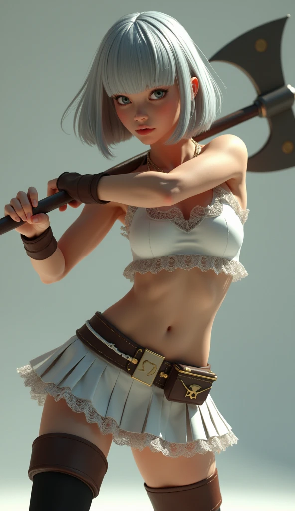 Super realistic, Cinema 4D rendering, High Detail Face, Clean and delicate face, wide shot, 1 lady, whole body, Swing a long Battle Axe with both hands, grip the Battle Axe anatomically correctly, Silver bob hair, blunt bangs, wearing a white tube top and Pleated mini skirt with ruffles and lace, Waist belt with small accessory box, Thighs, Black Thigh Highs, brown Platform boots, glaring at the viewer, simple color background