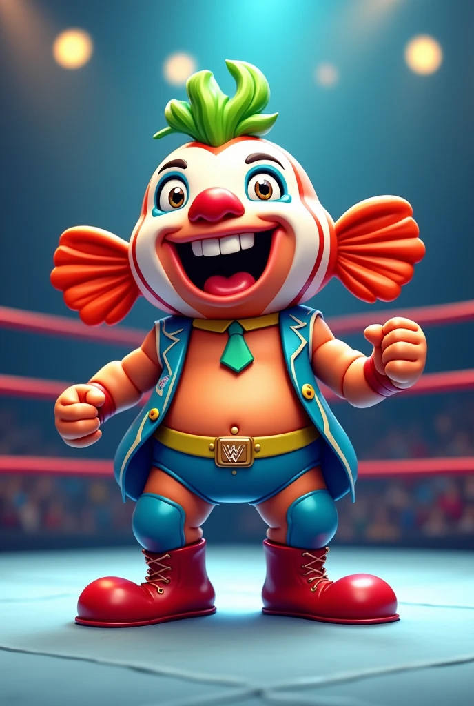 Cartoon clownfish dressed like WWE wrestler doing the clown
Cartoon clownfish body. Cartoon clownfish head. Cartoon clownfish face.
Green clown hair. White paint on face. Blue eyeshadow. Red clown lips.
Red wrestling singlet. Yellow undershirt. Green tie. Blue shorts. Blue overcoat with tails. Blue kneepads. Red wrestling boots.
.
Laughing.
Standing in a wrestling ring..