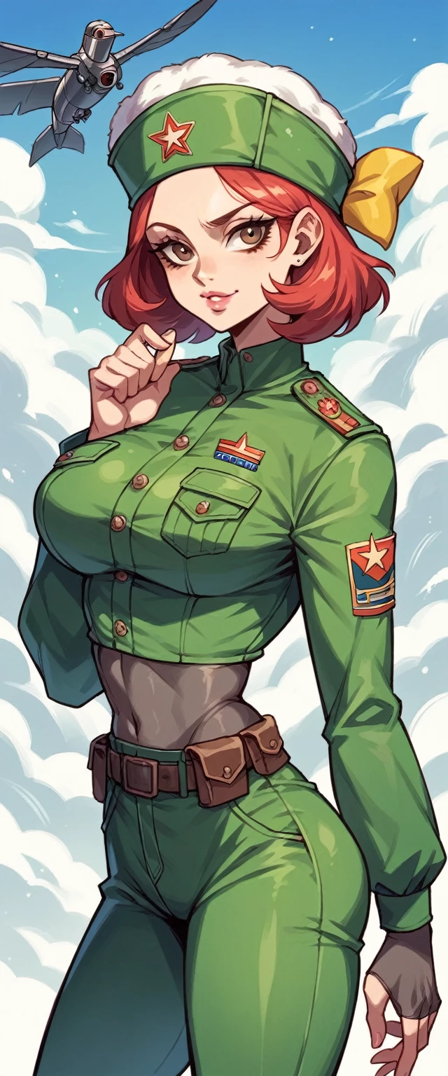 A tall sexy nice kind happy Soviet Russian military girl with long smooth red hair and brown eyes and pink lips wears a metallic green top with a black patch on her chest and a yellow ribbon on her waist and a large metallic green pants with a sensual thigh and a large yellow boot wearing a black Soviet winter cap flying in the blue sky