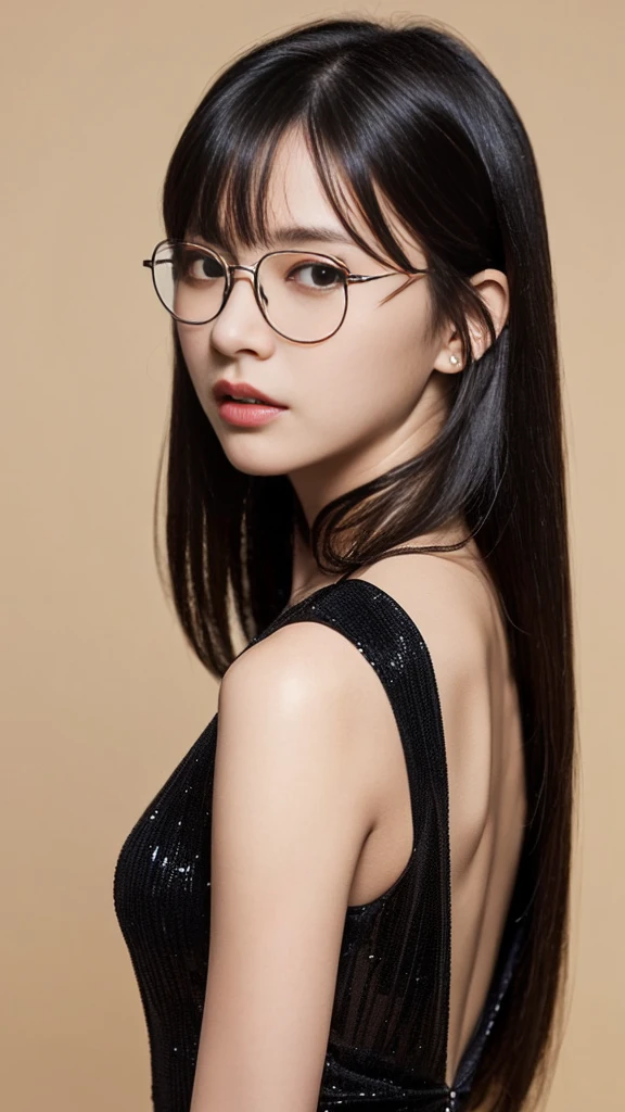 (Highest quality:1.5), (Real:1.4), (Ultra high definition:1.4), (No correction:1.4), (skinny Japanese woman with average size breasts standing front plain background in studio), (A woman wearing black-rimmed glasses), (Very small eyes), (breasts of average size), (Average height), (Cover your forehead with bangs), (Long black hair), (Dark personality expression), (long black evening dress), (black hair woman is standing with black long evening dress front plain background in studio), (woman viewed from the front), (Plain background), (Cowboy Shot), (Cold expression), (upright), (A woman with long black hair and glasses), (Bangs that cover the forehead), (Sharp and tiny eyes)